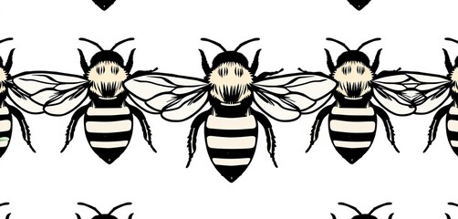 Wall Mural - minimalist black line art bee seamless pattern on white background, monochrome, pattern