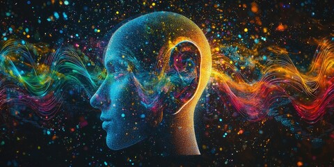 Wall Mural - artistic representation of human ear immersed in colorful sound waves