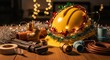 © mlangsen - Festive hardhat atop wooden surface with plumbing supplies