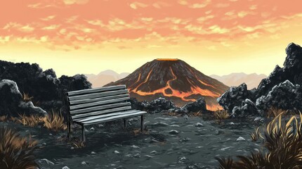 Wall Mural - A view of a bench with a view of a volcano in the afternoon. 4K animated video