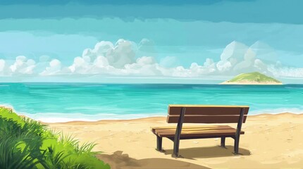 Wall Mural - A view of a bench on the beach with a view of the sea. 4K animated video