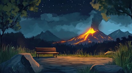 Wall Mural - A view of a bench with a view of an erupting volcano at night. 4K animated video