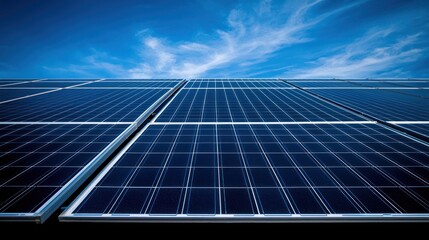 A solar panel array against a clear blue sky with white clouds.