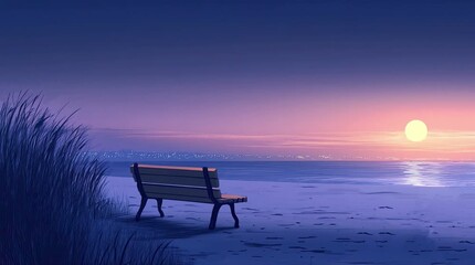Wall Mural - A view of a bench on the beach at dusk. 4K animated video