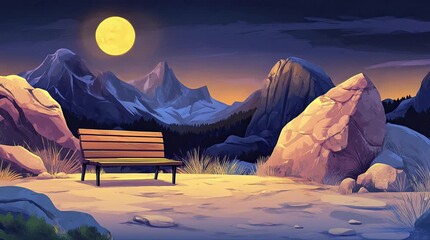 Wall Mural - A view of a bench with a view of rock mountains and the moon at night. 4K animated video