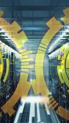 Wall Mural - animation of loading circles over computer language against bars on server room in background