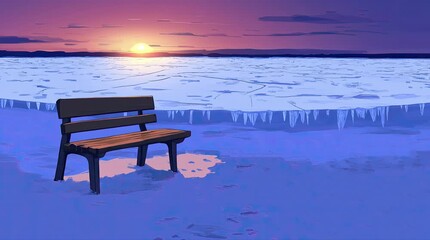 Wall Mural - A view of a bench with a view of an ice sheet in the evening. 4K animated video