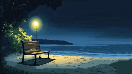 Wall Mural - A view of a bench with a view of the sea at night. 4K animated video