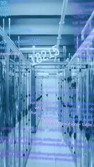Wall Mural - animation of changing numbers and computer language over connected dots on server racks