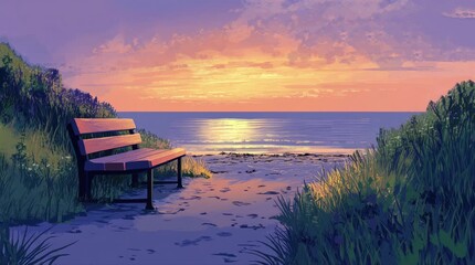 Wall Mural - A view of a bench near the beach in the evening. 4K animated video