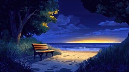 Wall Mural - A view of a bench near the beach at night. 4K animated video