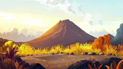 Wall Mural - A view of a volcano in the afternoon. 4K animated video