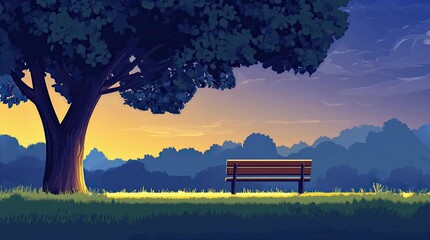 Wall Mural - A view of a bench beside a tree in the evening. 4K animated video