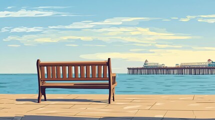 Wall Mural - A view of a bench with a view of the pier and the sea in the afternoon