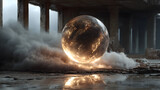 Floating glowing sphere in abandoned temple, surrounded by thick smoke, mysterious artifact from post-apocalyptic zone, sci-fi cinematic scene

