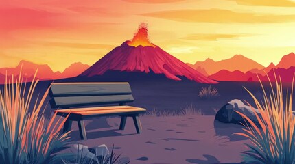 Wall Mural - A view of a bench with a view of an erupting volcano. 4K animated video