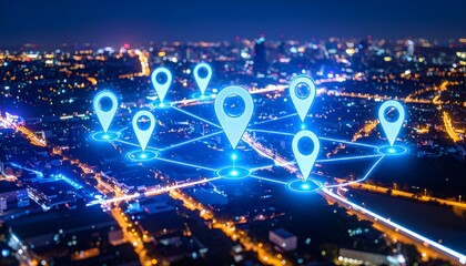 Wall Mural - digital glowing location point markers on neon city map with glowing neon roads.