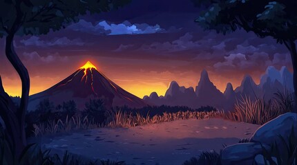 Wall Mural - A view of a volcano at night. 4K animated video