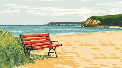 Wall Mural - A view of a bench on the beach with a view of the sea. 4K animated video