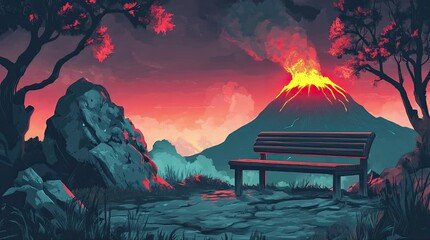 Wall Mural - A view of a bench with a view of an erupting volcano. 4K animated video