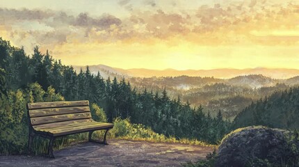 Wall Mural - A view of a bench with a view of natural forest scenery in the afternoon. 4K animated video