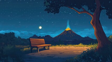 Wall Mural - A view of a bench with a view of an erupting volcano at night. 4K animated video