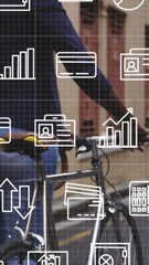 Sticker - animation of digital icons over woman iwith bike in city