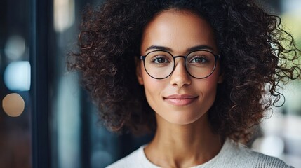 Wall Mural - a young woman with curly hair wearing glasses, standing in a modern office setting.