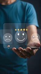 Wall Mural - customer experience: man displays satisfaction rating with digital interface and star feedback