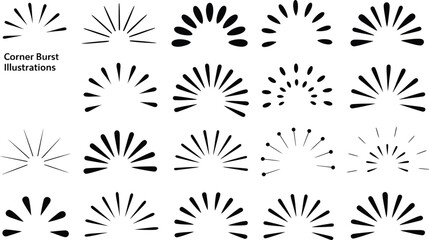 Wall Mural - Corner Burst Illustrations, Black Sunshine Rays Shapes Elements on Transparent Background
