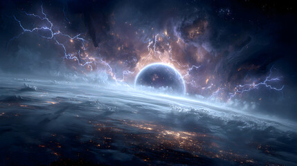 Wall Mural - Celestial body over earth with lightning strikes and cloudy atmosphere from space view perspective