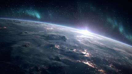 Wall Mural - A view of earth from space with city lights and aurora borealis and a bright sun rising over horizon
