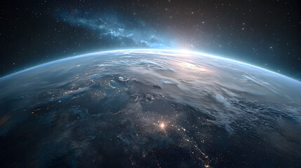 Wall Mural - View of earth from space with city lights and atmospheric glow on the horizon and stars