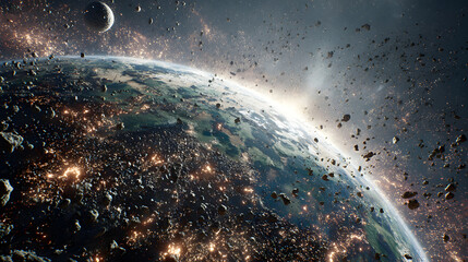 Wall Mural - A view of earth from space with asteroids and a moon in the background and city lights visible