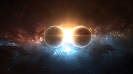 Wall Mural - Two planets merging in a colorful nebula with bright light in the center of the cosmic event