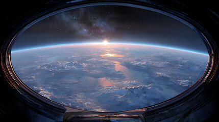 Wall Mural - View of earth and sunrise from space station window showing clouds and the atmosphere in the distance