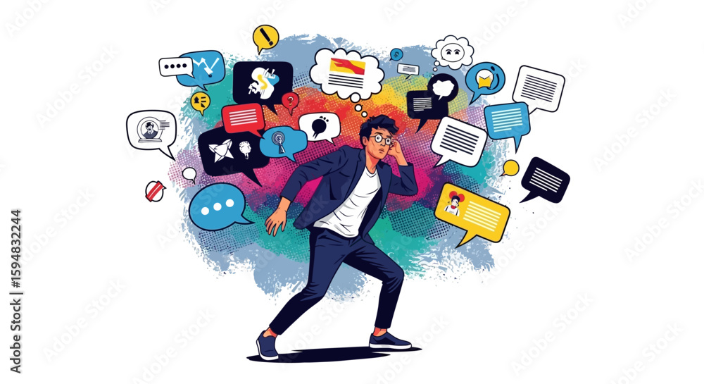 A person overwhelmed by a multitude of diverse communication methods, highlighting the pressure of modern information overload.