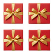 © David - Four meticulously wrapped rectangular gift boxes with vibrant red textured paper and shiny golden satin ribbons, arranged horizontally on a transparent studio background with soft shadows, top view,