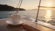 © Maryna - White coffee cup on saucer sits on wooden boat deck. Horizon, distant hills, glowing sunset over calm ocean waves create serene maritime scene. Morning beverage enjoyment during summer sailing
