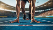 © Ella - AI-generated illustration of a male sprinter in starting position on a blue running track. Close-up of hands and legs, stadium background, tension before the race. Concept of power, speed, and focus.