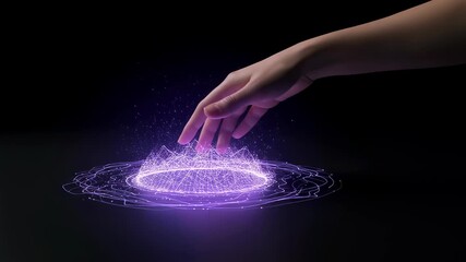 Wall Mural - woman hand interacting with glowing purple digital data visualized as a wave, future technology conc