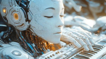 Conceptual representation of generative music and artificial intelligence (AI) intertwined with internet and programming, presented against an abstract background