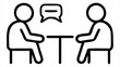 © SP Technology - Two stick figures sitting at a table with a speech bubble above them representing conversation and communication in a simple minimalist style. ideal for use in communication apps, messaging platforms