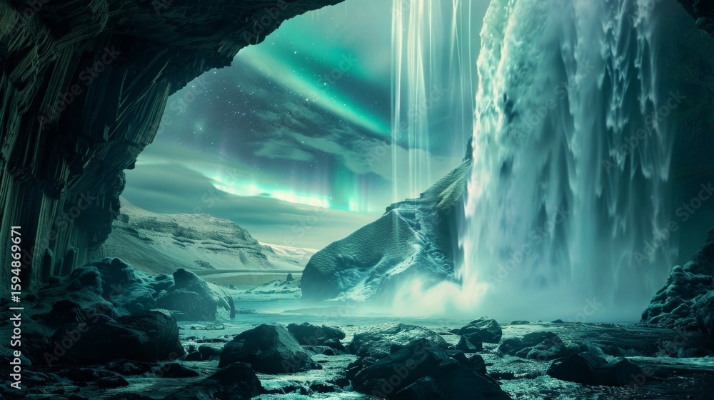Waterfall in a cave with northern lights. Background for fantasy ...