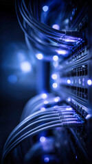 Wall Mural - a network switch with glowing blue data cables in an internet server room