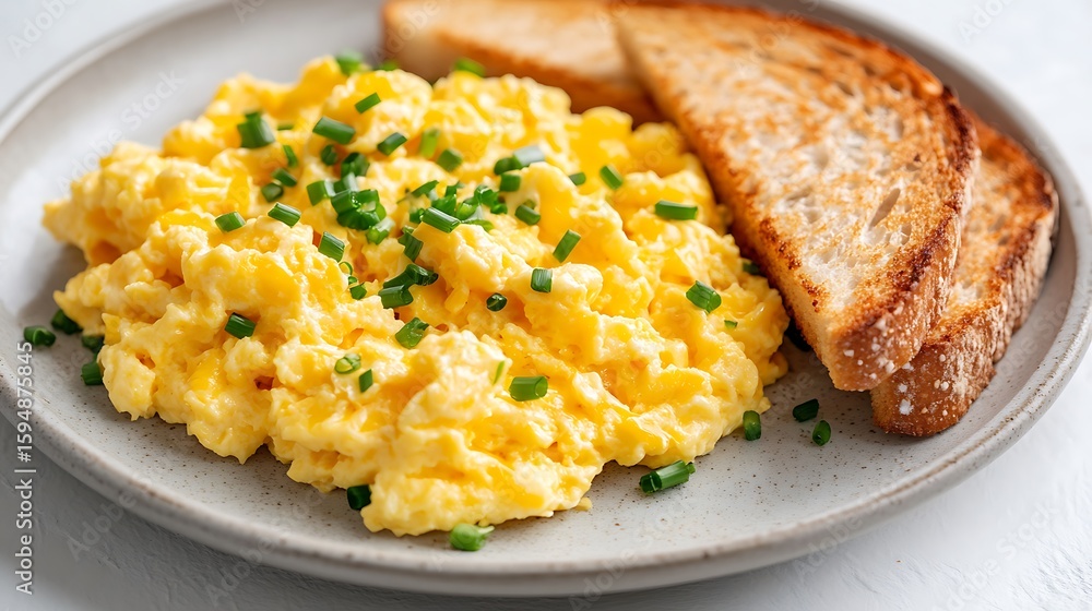Fluffy Scrambled Eggs with Chives and Toast on a Plate Stock Photo ...