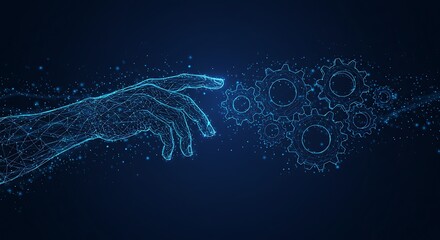 Digital creation concept of a wireframe human hand touching a gear mechanism, symbolizing the connection between humanity and technology.