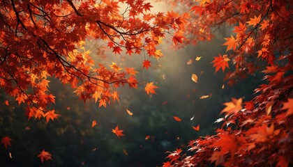 branches heavy with vibrant orange, red fall foliage. maple leaves drift gently downward against sof