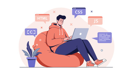 Young programmer coding on laptop, relaxed in beanbag chair, surrounded by HTML, CSS, and JavaScript code bubbles.