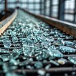 © VITALII - Recycling broken glass. Pieces of shattered blue-green glass travel down a conveyor belt in a recycling plant or factory, illustrating the process of reuse.